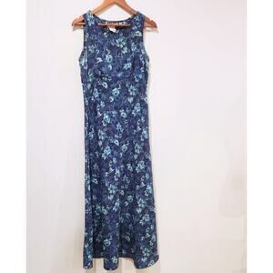 Vintage Maurice's Navy Blue Floral Empire Waist Maxi Dress Size 11/12 Y2K 90s